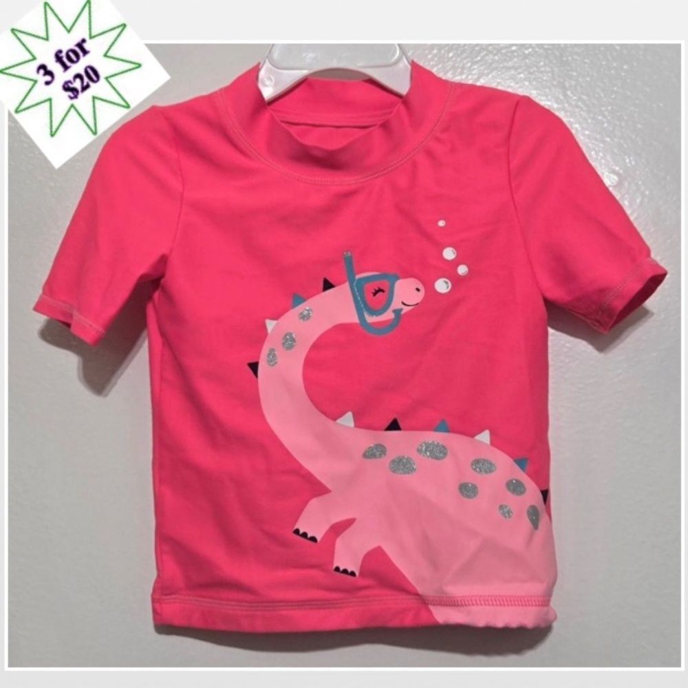 Carters Swim Rashguard Top Girls 3t Pink Short Sleeve Dino Glitter Kids